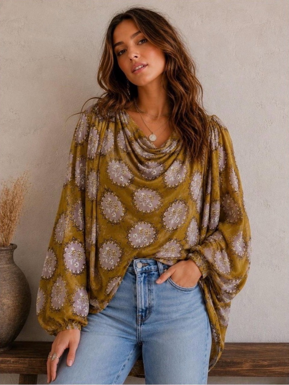 Free People Cowling Around Floral Blouse GoldenRod Size Small High Low Top Boho